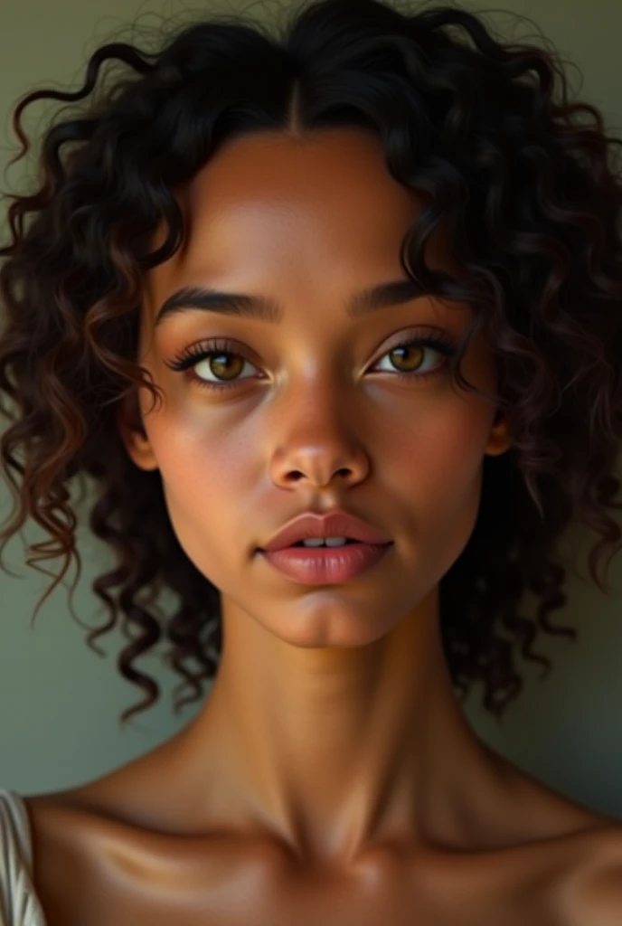 Short woman Cinnamon skin medium long curl hair small eyes slapped nose thick mouth medium young build