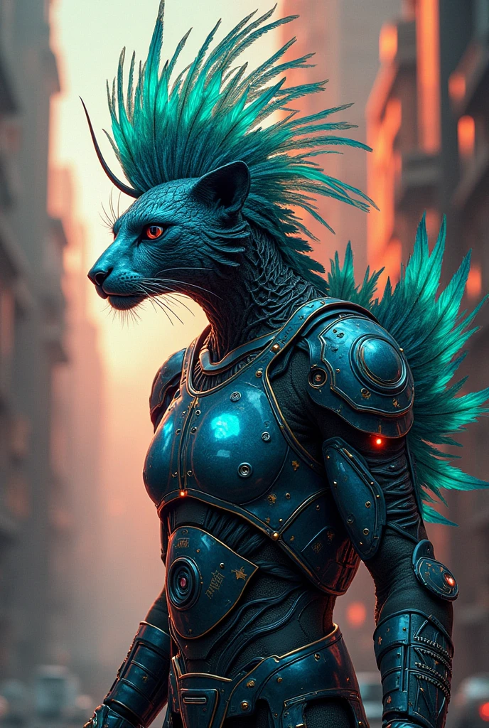 A character named Chalmak, who is a warrior with cybernetic implants and  alloy armor with holographic quetzal feathers. Protect the city with a jaguar surveillance drone. This one dates back to a cyberpunk era of Mesoamerican culture. Draw it following the surreal avant-garde and vaporwave