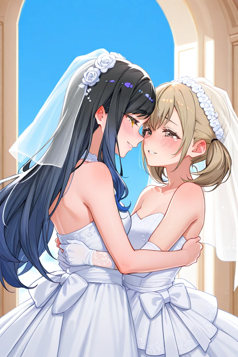 (Masterpiece, Best Quality, High Quality), from above professional artwork, well drawn, Intricate Details, (((2 girls looking at each other and after kiss))), Kousaka honoka, room, ultra detail hair, ultra detail face, perfect eyes, earring, blushing, embarrassed, white wedding dress, heavy breathing , breast press, sweating, night,under moonlight ,(sweaty:1.2), (orgasming:1.3) ,in wedding party