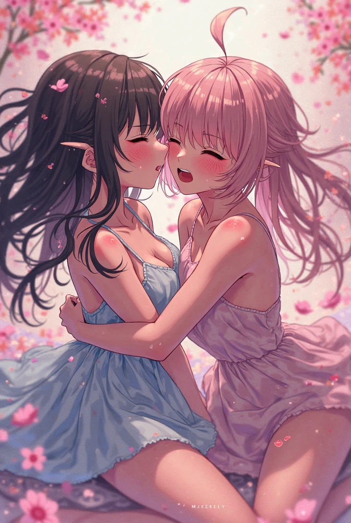 (Masterpiece), (Best Quality), (Super Detail), (Disheveled Hair), (Illustration), (Anime couple in a bikini kissing in front of flowers: 1.3),(Rimuru and Mirim: 1.2),(2 Beautiful Anime Girls: 1.2),(Anime Girl: 0.9),(Pink & Blue: 1.2),(Seasons: :1.1),(Remli Zero:🌸 ☀ 🍂 ❄ 1.1),(Zerochan Art:0.95), (digital anime art!!, best quality:1.2), (pixiv digital art:1.1), (flowers:1.2), (animation:1.05), (embroidery:0.9), big breasts