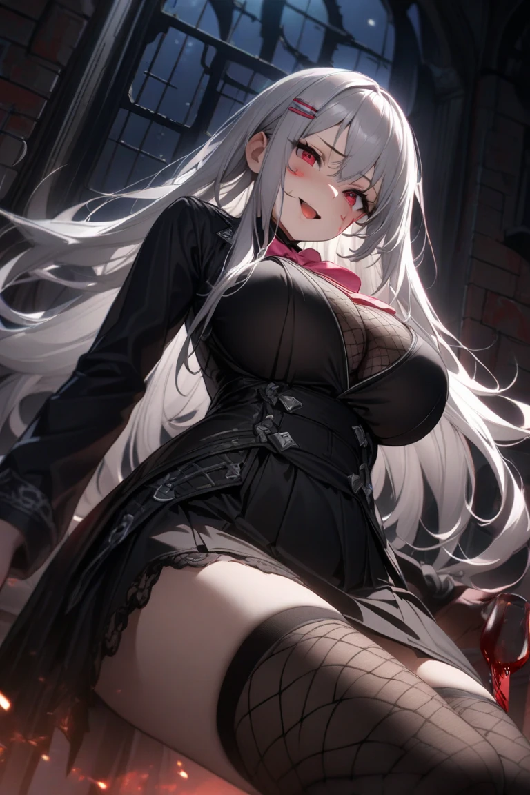 highest quality、4K、masterpiece、Silver Hair、Slanted Eyes、Pink Eyes、Pale skin、vampire、Black long sleeve knit、ruby ​​necklace、Big Breasts、Short skirt、Knee-high boots、sexy、Sharp Fangs、Insanity、Cruel、attack、darkness、Ahegao、Red nails、Bad Smile、Red full moon