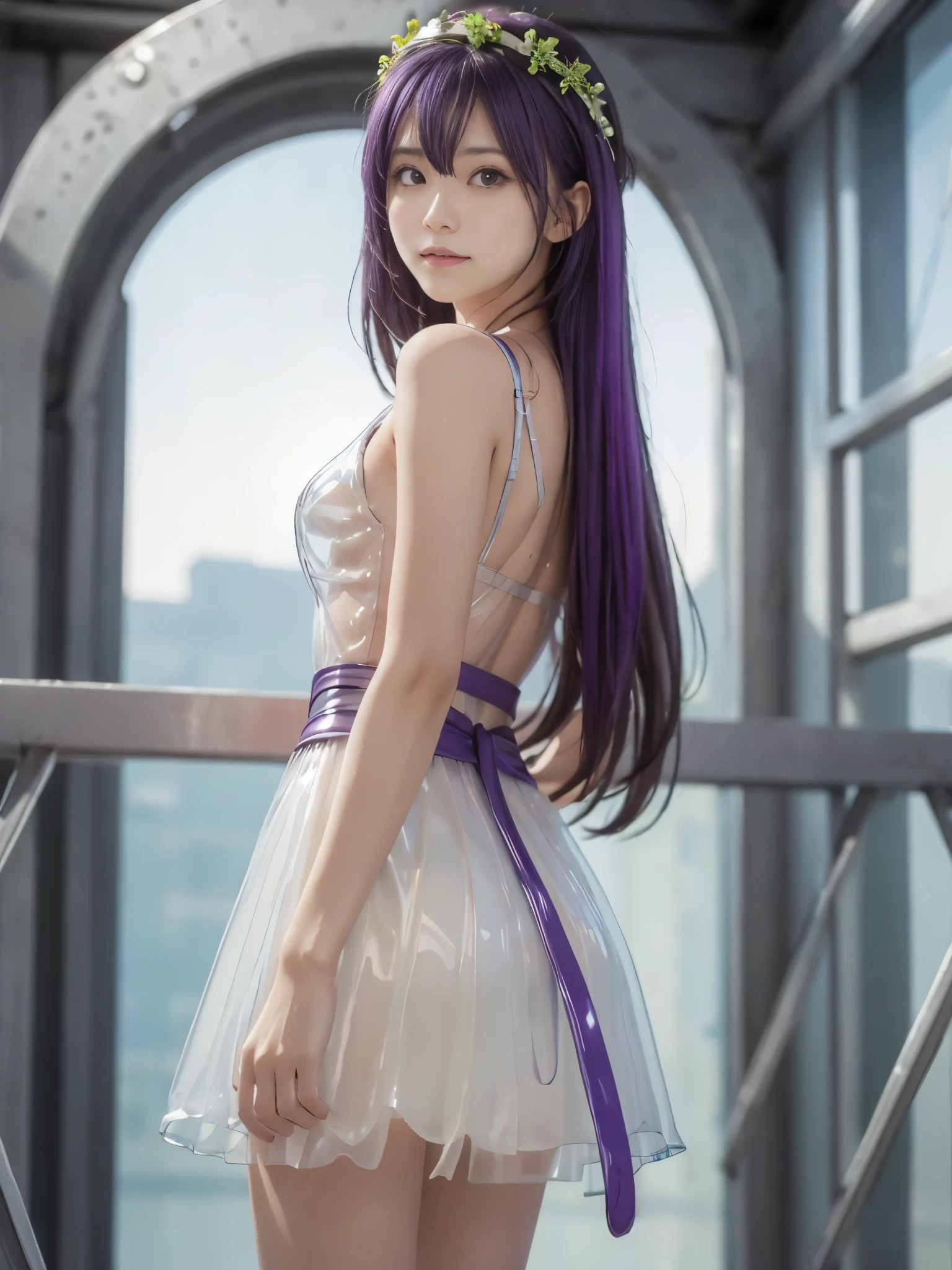 1 mechanical girl: 1.4, tohka_yatogami, (tall japanese girl 140 proportions 9:1 chest32 waist 20 hip33 white skin purple hair ), transparent latex dress, , on the side, flower crown on her head, Realistic sci-fi background, complex background,Inside a spaceship in the 2300s, shiny hair, Light hair forehead, Moon , Panorama, Shy Gesture