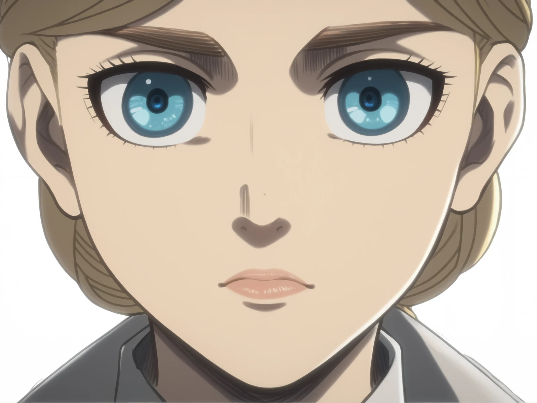 ((Historia Reiss)), nude, small and slim body, blonde, clased mouth, ((blue eyes)), (4K lips), nose, nostrils, ear, detailed hair, detailed body, chest, (very small breasts), nipples, abdomen, (anime 2D style), (((Attack on Titan anime style))), (high quality), ((detailed body)), ((design faithful to the original)), (high quality), ((very detailed)),