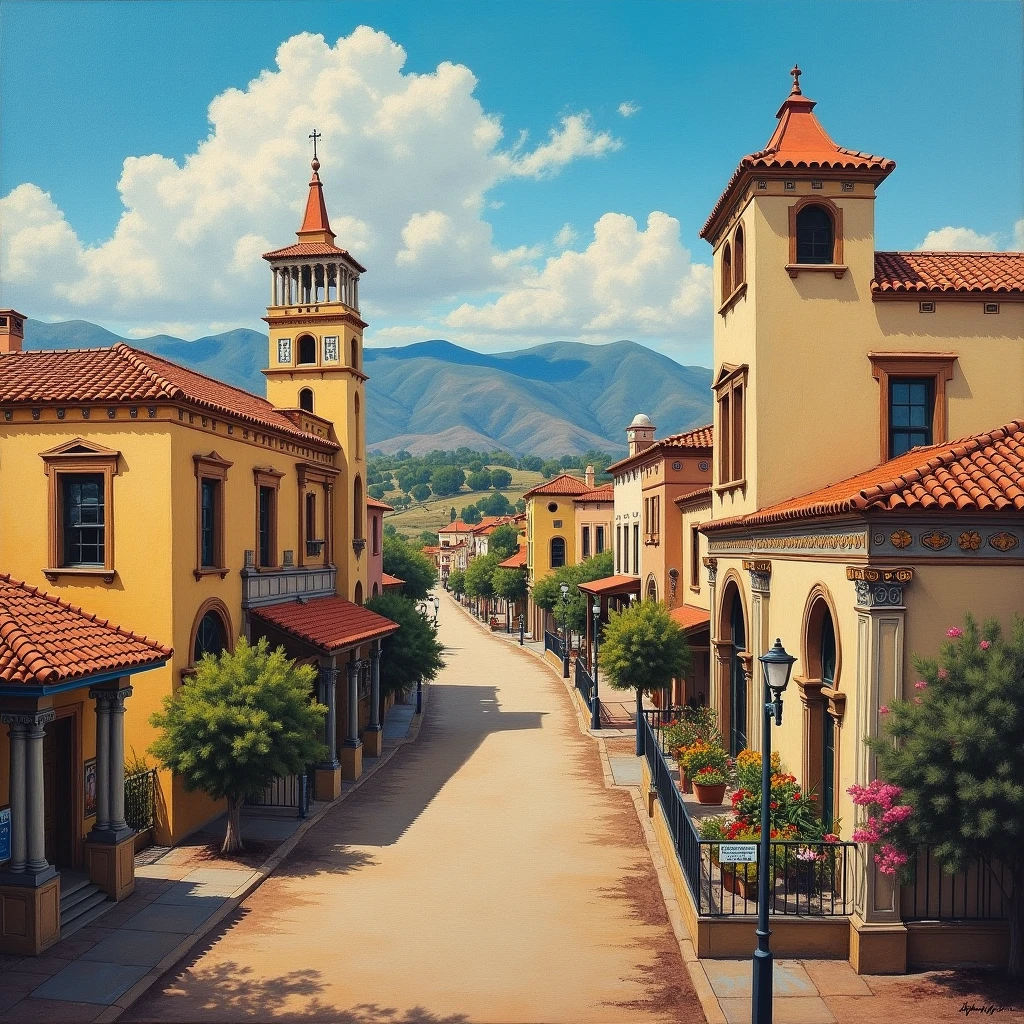 a close up color oil painting of san fernando valley, california buildings in the mid 1800's.