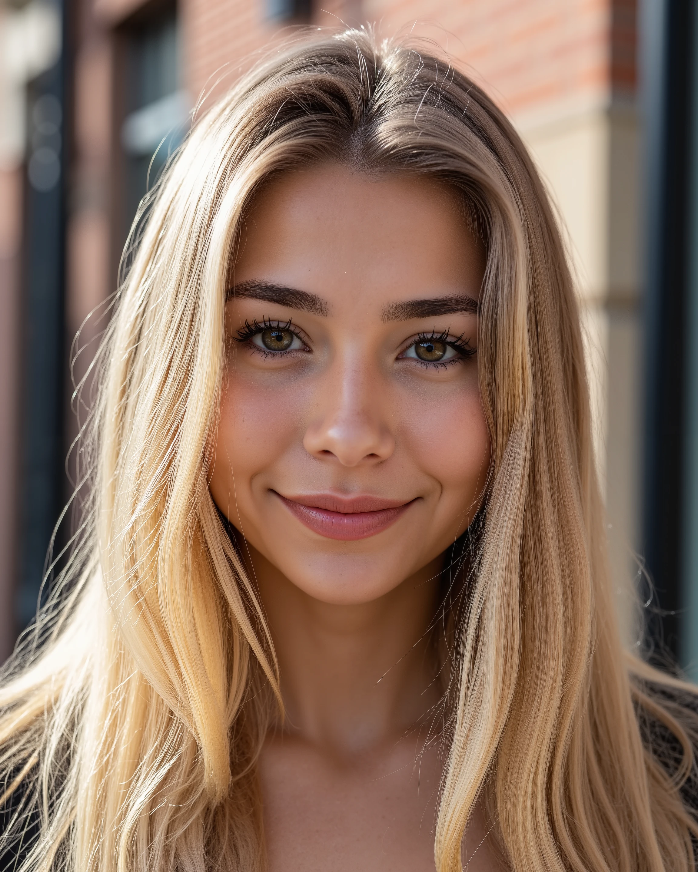 beautiful woman, young 25 years old, long blond hair, extremely detailed skin texture, sharp eyebrows, eyes creportrait of woman, detailed face, fair skin, soft expression, she is smiling sweetly, She is in a very elegant posture, inspiring femininity, 25 years old, good natural light, taken with a Fujifilm X-T5, 56mm f/1.2 lens, aperture f/2.0, ISO 200, shutter speed 1/500 sec, natural daylight with light cloud coverage, soft shadows, balanced highlights, sharp subject focus with dynamic background blur, subtle urban reflections in windows, hyper-detailed skin texture and fabric, vibrant street color palette, candid composition style, HDR for tonal range, realistic light bounce from pavement and buildings, professional-grade post-processing with cinematic tones, photorealistic environment, crisp 8K rendering