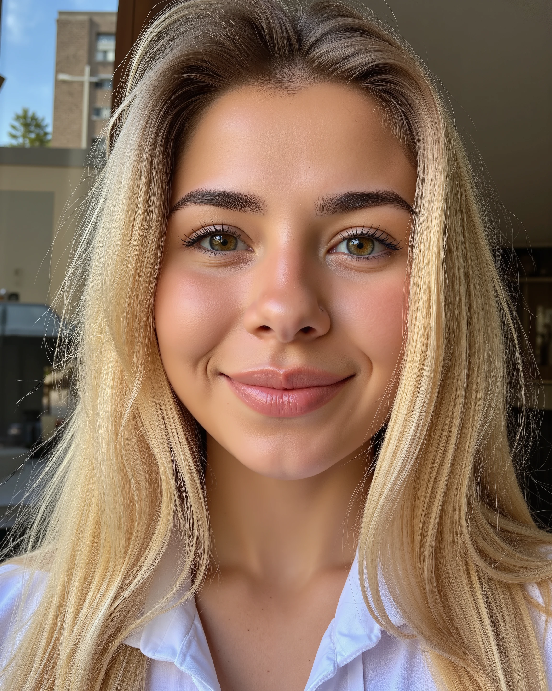 beautiful woman, young 25 years old, long blond hair, extremely detailed skin texture, sharp eyebrows, eyes creportrait of woman, detailed face, fair skin, soft expression, she is smiling sweetly, She is in a very elegant posture, inspiring femininity, 25 years old, good natural light, taken with a Fujifilm X-T5, 56mm f/1.2 lens, aperture f/2.0, ISO 200, shutter speed 1/500 sec, natural daylight with light cloud coverage, soft shadows, balanced highlights, sharp subject focus with dynamic background blur, subtle urban reflections in windows, hyper-detailed skin texture and fabric, vibrant street color palette, candid composition style, HDR for tonal range, realistic light bounce from pavement and buildings, professional-grade post-processing with cinematic tones, photorealistic environment, crisp 8K rendering