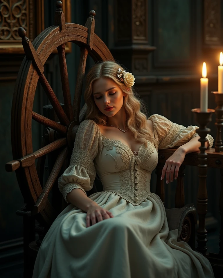 sleeping beauty, grimm fairy tale style, woman in long dress, sleeping on spinning wheel, detailed facial features, peaceful expression, porcelain skin, long eyelashes, flowing blonde hair, detailed intricate dress, ornate spinning wheel, dark gothic interior, candlelight, moody dramatic lighting, chiaroscuro, muted earthy tones, photorealistic, 8K, high resolution, physically-based rendering,  white roses red lips gothic aesthetic  dark fairytale 