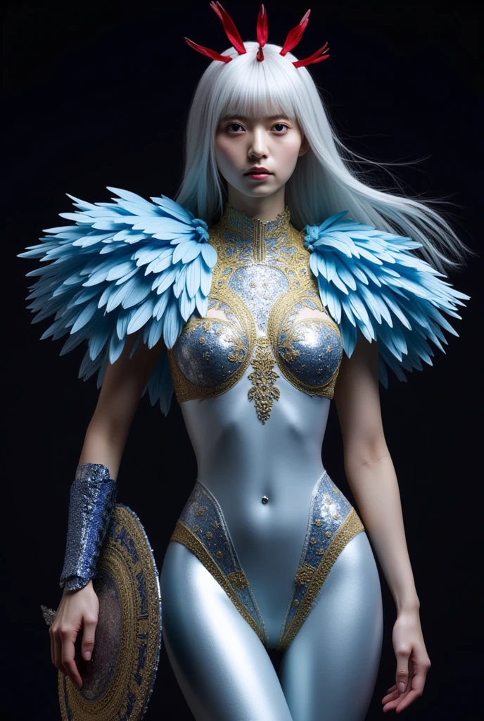 masterpiece, cinematic lighting, UHD, accurate, super detail, high details, high quality, award winning, best quality, highest, 16k Wallpaper, ultra detailed face, perfect , perfect fingers, , slender body, (abs),  body,  , thin thighs,
silver body decorated with yellow, silver longhair, blue and red feathers on the shoulders, light neckline decorated with yellow, blue and red silver litmus rhinestones, Bustle with layered feathers shield in left hand and sword in right hand.