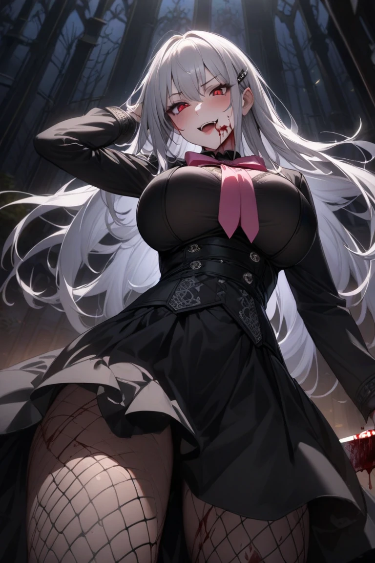 ((blood droplets)), ((blood)), ((blood splatter)), ((blood on clothes)), ((blood stain)), Masterpiece, Beautiful art, professional artist, 8k, detailed body, Very detailed face, very detailed eyes, Detailed clothing, detailed fabric, Best Quality, better resolution, 1 girl, bronya zaychik \(Honkai Impact 3rd\), front view, standing, big breasts, serious expression, At night , short silver hair, , choker:1.6, (white collar button down long sleeve shirt), (shiny black corset), black gloves that cover your hands, (holds an ax with his right hand), (shiny black leggings), evening de invierno, Dark road, dark forest, evening, Atmosphere, fog