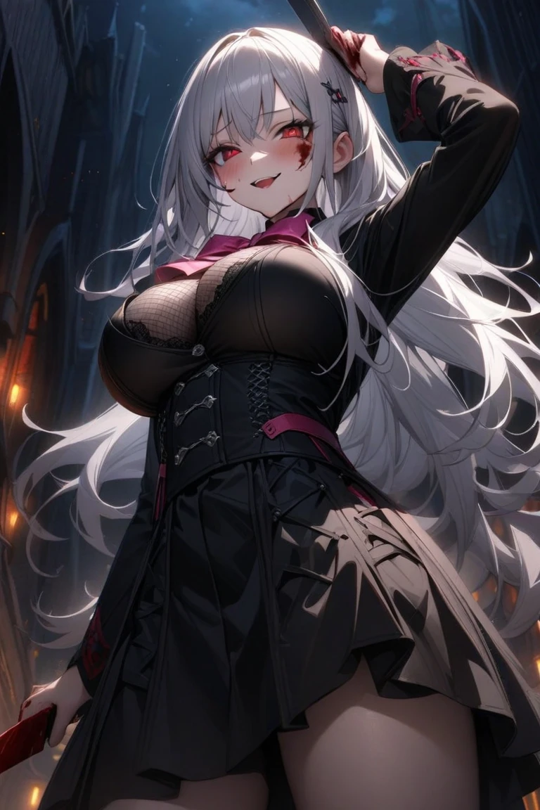 Realistic and detailed image of an elf. Dressed in a long hooded tunic and plaid miniskirt with pleats and garter belts. Unusually shiny long black silky hair. Turquoise red eyes. She has earrings and long eyelashes. She has full lips and vampire teeth. Big breasts, thin waist, very wide hips and thick thighs. Side view. Arched back. She is walking in a city. Snowy night. Dark environment. Halloween. Starry Night.