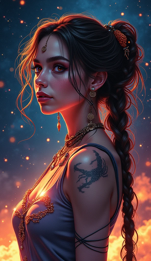 Create an image of an American person. In the composition of the image, I want a person consisting of 20% in the similar comic book style and 80s% realistic as a human. The angle of the image must be at the eye line.  She has a mystical look, Radiant energy seems to be illuminated by the magical universe and the constellations of the zodiac. The clothes attract attention, Do you have a Scorpio sign symbol on your clothes. She also wears some accessories.   The background is mystical . Colors dominate the scene, creating a balanced atmosphere.