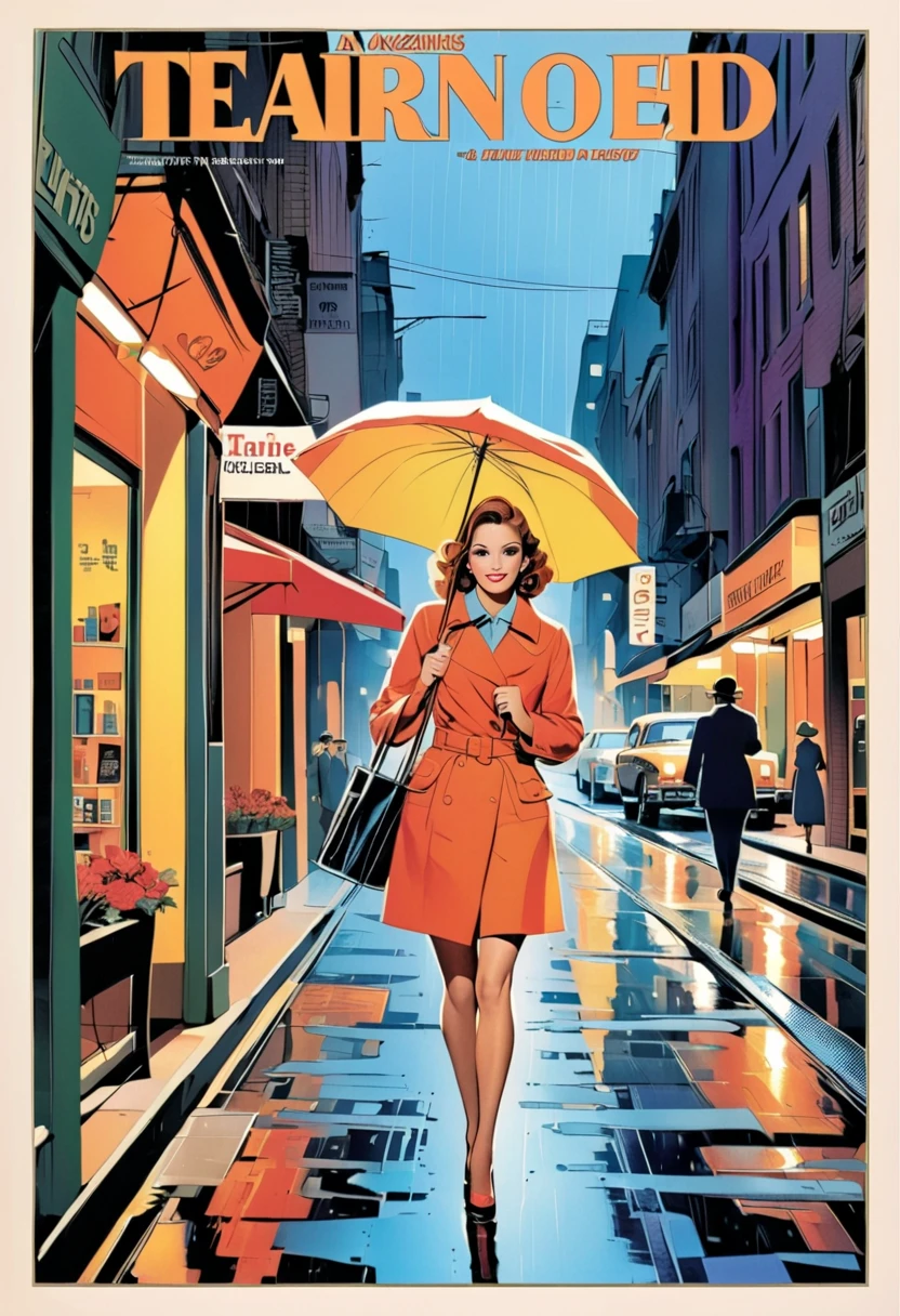 ( masterpiece,Excellent quality,),( magazine cover:2.0),Retro, Collage Art, A girl drenched in the rain is walking down the street