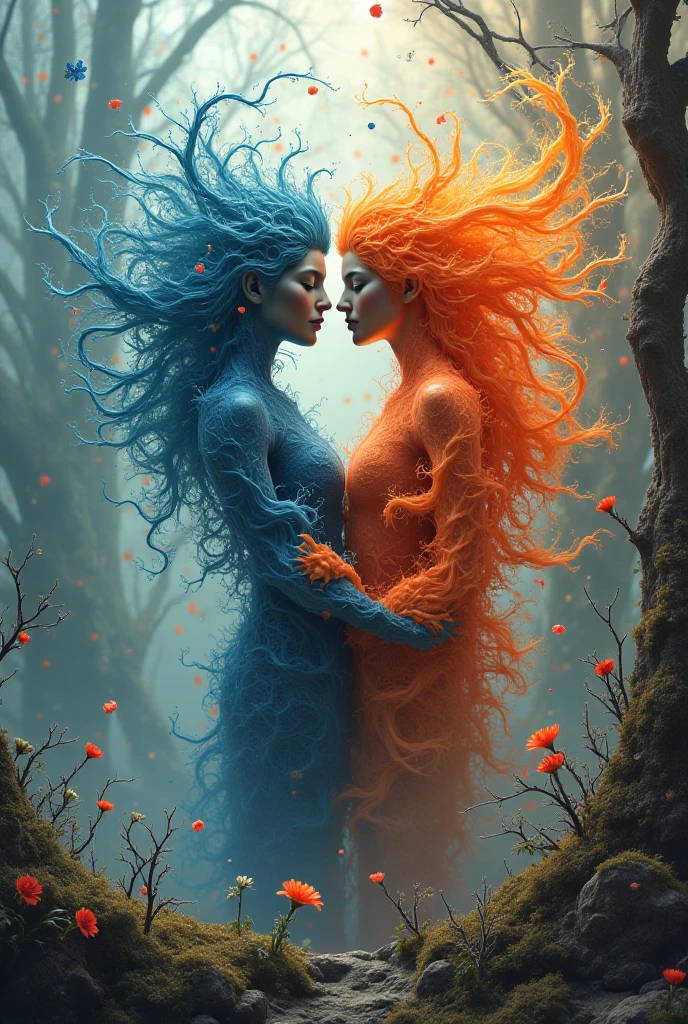 needs to be in Portuguese 2 beautiful magical fantastical creature,highly detailed,hyperrealistic,intricate patterns,detailed textures,glowing ethereal eyes,intricate wings,flowing magical energy,radiant colorful feathers,magical natural environment,lush foliage,dramatic lighting,vivid colors,cinematic composition,award winning digital art, masterpiece, 32K UHD,style raw