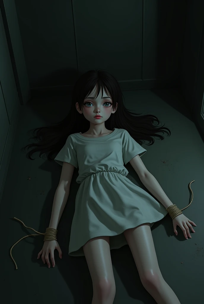 Solo character, full body version baby ??? girl, brown hair, long Curly haircut, black eyes, naked, handcuffs, no shoes, no shock, blood, prison room, dark, detailed shadow, (Hunter x Hunter style art)