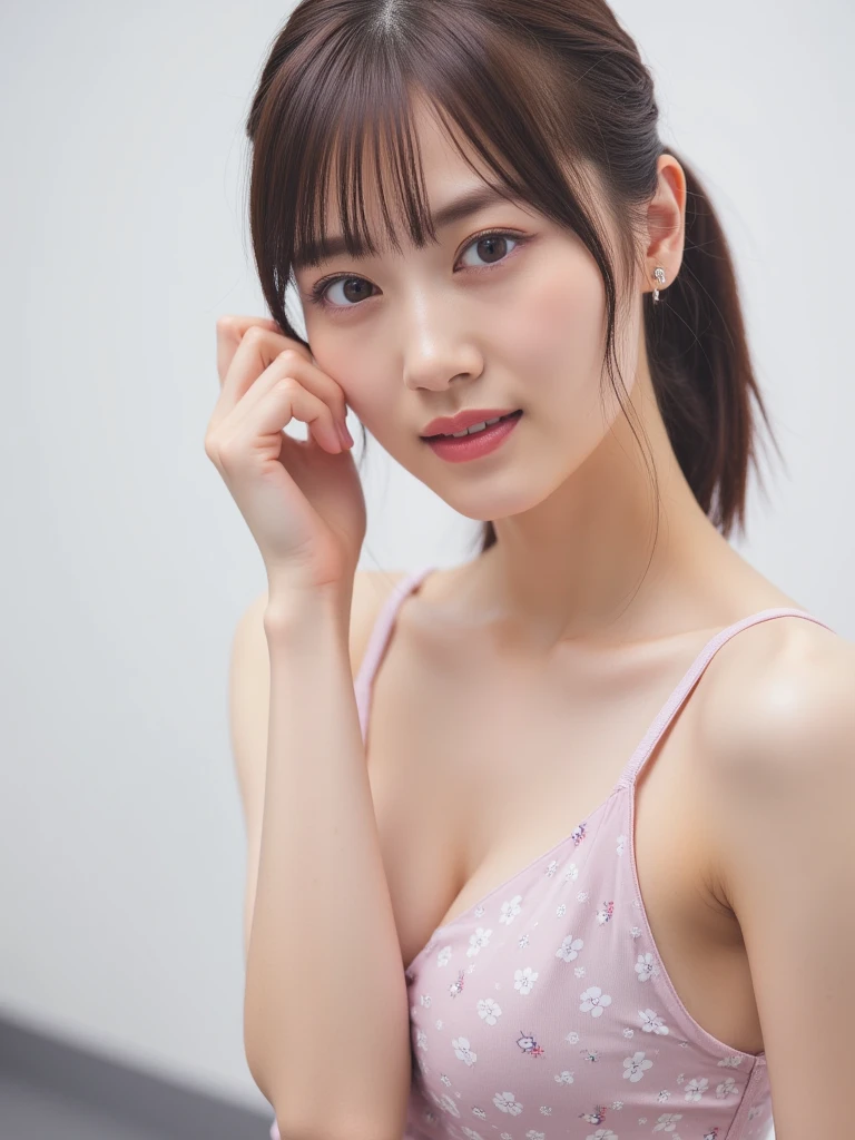 (masterpiece:1.3), Highest quality、Ultra-high resolution, Very detailed, Very detailed CG Unity 8k 壁紙, Realistic, photo-Realistic, RAW Photos, Beautifully detailed face, Pale skin, Realistic glistening skin, Detailed cloth texture, Detailed hair texture, Perfect body, Beautiful Face, Accurate, Anatomically correct, Highly detailed face そして skin texture, Natural neck length, (Fair skin:1.2), Good teeth alignment,
Symmetrical eyes, dolly make、double eyelid, Thin eyebrows, (Glossy Lips:1.4), (Sad face:1.2),
(classy and cute girl:1.3),
(Large Breasts:1.4), Cleavage, Beautiful clavicle,
(Wavy long hair:1.2), ((Asymmetrical bangs:1.2)), A tight blue-violet tank top that hugs the breasts、Micro Mini、Voluptuous thighs、A photo showing you from head to knees、Focus on the thighs