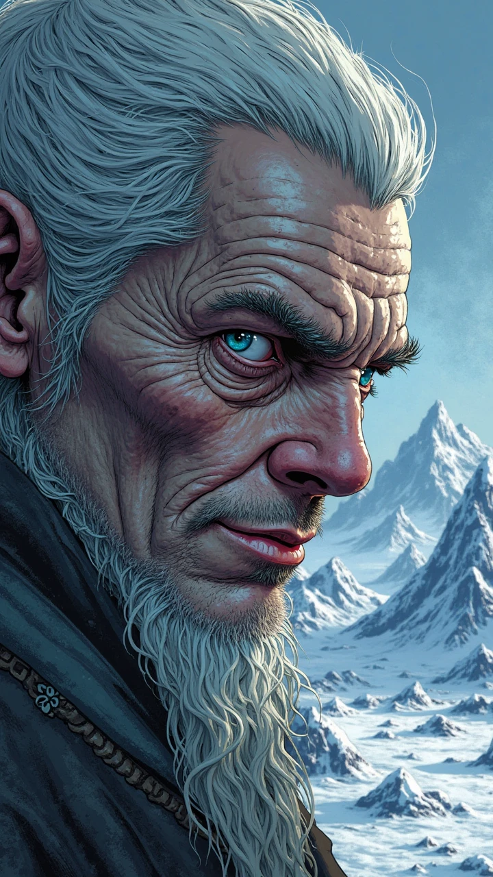 1990s Marvel comic style: A close-up of Elli’s face, wrinkled and wise, with glowing silver eyes and a sly smile. The background shows icy mountains of Jotunheim. Thick black outlines, vibrant colors (gray, silver, blue), mysterious atmosphere. Aspect ratio 9:16, high resolution (1080x1920px)."
