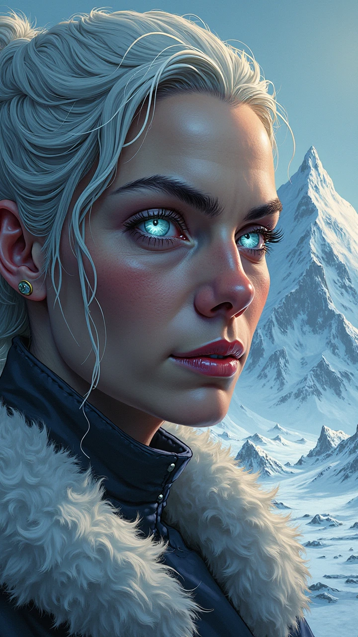 1990s Marvel comic style: A close-up of Elli’s face, wrinkled and wise, with glowing silver eyes and a sly smile. The background shows icy mountains of Jotunheim. Thick black outlines, vibrant colors (gray, silver, blue), mysterious atmosphere. Aspect ratio 9:16, high resolution (1080x1920px)."