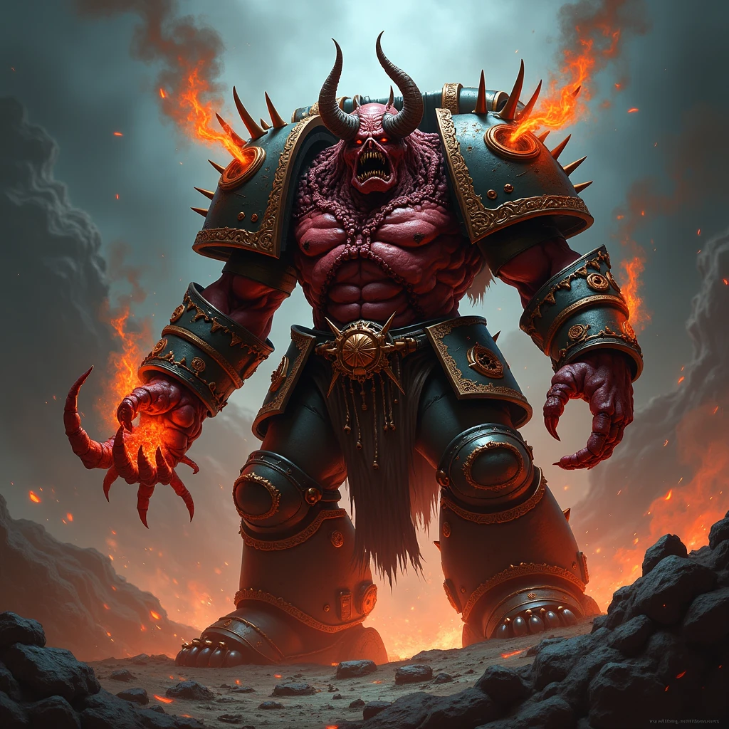 A hulking, red-skinned orc with dreadlocks and a menacing expression, wielding a massive axe spiked weapon. He is clad in heavy armor with a metalic pumpkin-shaped buckle. He stands amidst a fiery, apocalyptic landscape, with the ground littered with skulls and bones. The scene is rendered in a highly detailed, hyper realistic style, with intense lighting and dramatic shadows. no Beard 