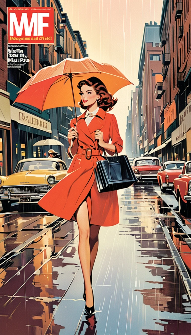 ( masterpiece,Excellent quality,),( magazine cover:2.0),Retro, Collage Art, A girl drenched in the rain is walking down the street