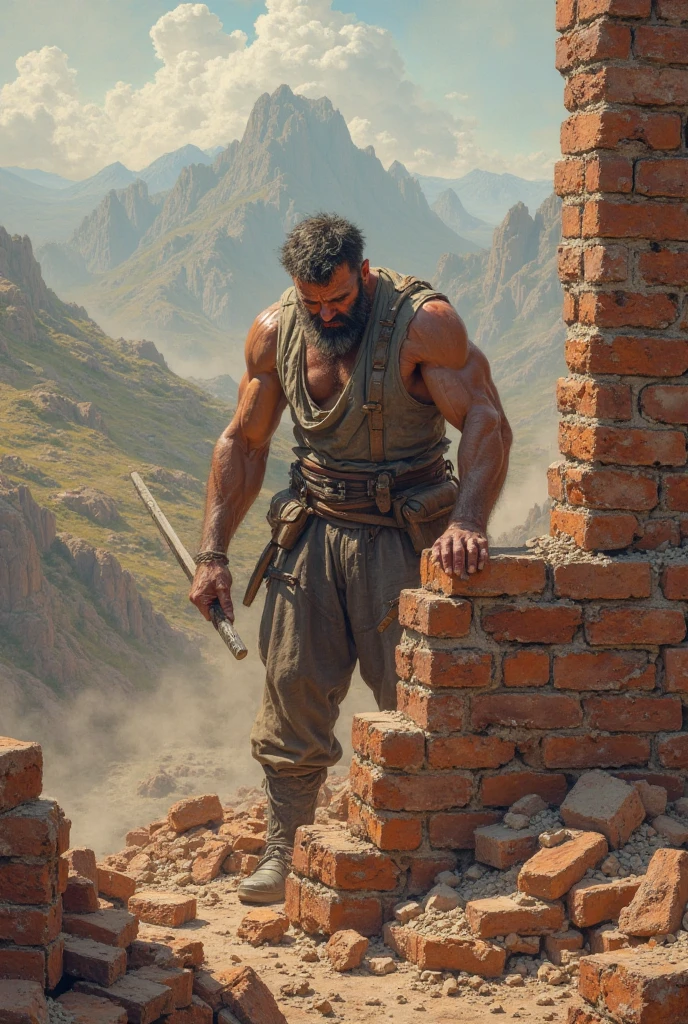 A carpenter with a hammer and pounding with a staircase to the right of chapel has two 360 degree and no visible means support to the staircase.