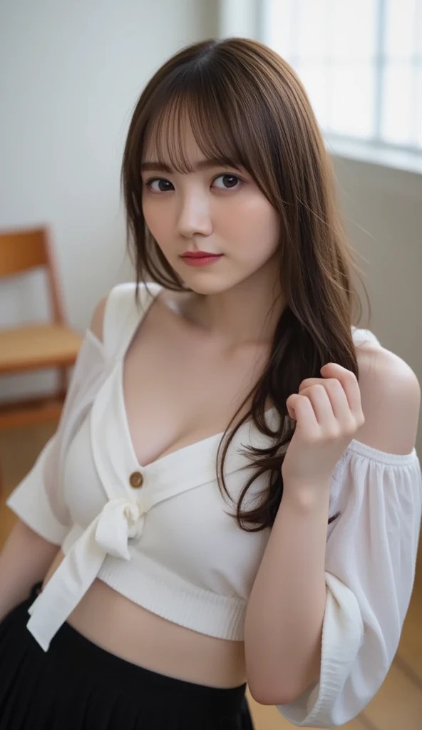 masterpiece, highest quality, 8k, 20th Generation, Large Breasts, cute, alone, sad, cute, Girlish, Delicate girl, Pure beauty,  RAW Photos, Professional photography, Portraiture, Soft Light, Professional Lighting, Backlight, Upper Body, avert your eyes, Sophisticated, Film Grain, (Eyes and facial details:1.0), Short floating hair, Beautiful, flowing hair, bangs, (Nurse(Vibrant pastel colors))、(Large Breasts:1.0)、You can see a little cleavage、Nipple protrusion、Dolly Makeup、Translucent white skin、White Breasts、Odd Eye、The colour of the left and right eyes are different