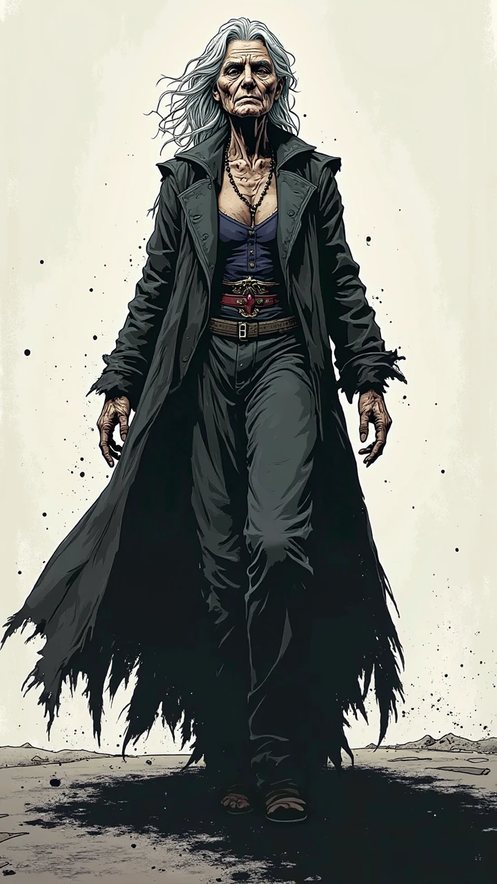 "1990s Marvel comic style: Elli standing tall, her shadow stretching long and dark, symbolizing the weight of age. Text overlay: 'Personification of Old Age!' Thick black outlines, vibrant colors (gray, black, white), eerie vibe. Aspect ratio 9:16, high resolution