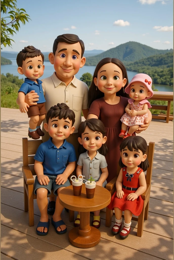 A Disney Pixar-style family, personagem 3D, A girl with straight black hair, textura natural da pele. A hairless young man with Araffe with a long white beard, A young man with straight hair, franja e raspado do lado, A young lady with natural skin texture and straight hair with white bow. Praia mar azul 3D, (textura de alta qualidade), (rostos de alta qualidade:1.3), 4k