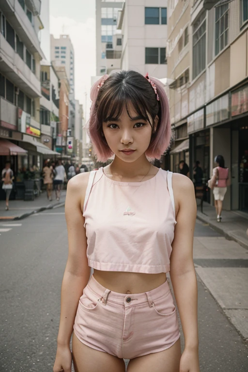 tmasterpiece, Best quality at best, A high resolution, absurd res, 1个Giant Breast Girl, crowd of, a skirt, with pink hair, Kasai Yuno, from below, Clothing that exposes, Dentate skin, Outdoor activities, rays of sunshine, the street, looking at viewert, Be red in the face,