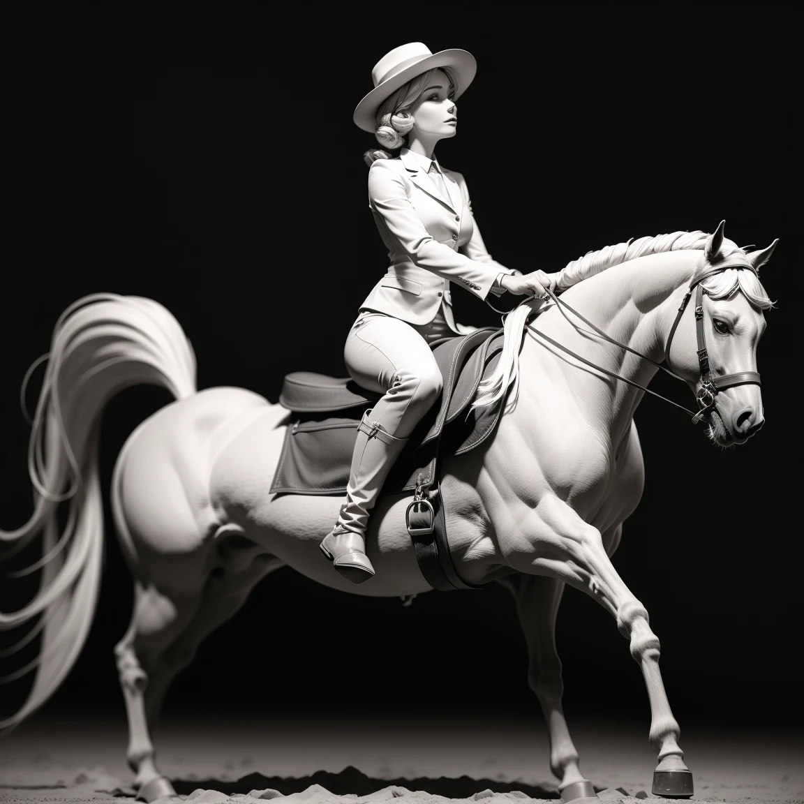 A glitzy and glamorous party scene at Studio 54 in New York City during the 1980s, with Bianca Jagger riding one majestic white horse on the dancefloor, while other celebrities mingle, drink, and dance in the background. The image should have a slightly pop art feel and be shot in vivid 8K resolution with crisp HD clarity, and rendered in black and white for a timeless and classic touch.