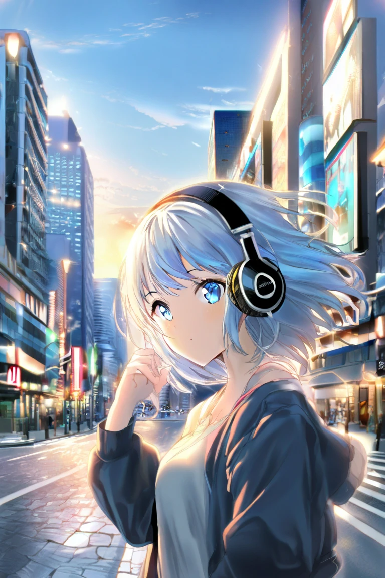 HD 8k handsome sexy cute, Lonely, 1 female, Medium length hair, Gray Hair, Rainbow Hair, blue eyes, Rainbow Headphones, Hip Hop Dance, White Big T-Shirt, The logo on the white headband sneakers is NIKE, human center, Outdoor, blue sky, White cloud, Graffiti spray art wall, Panoramic view from above, Happy, smile