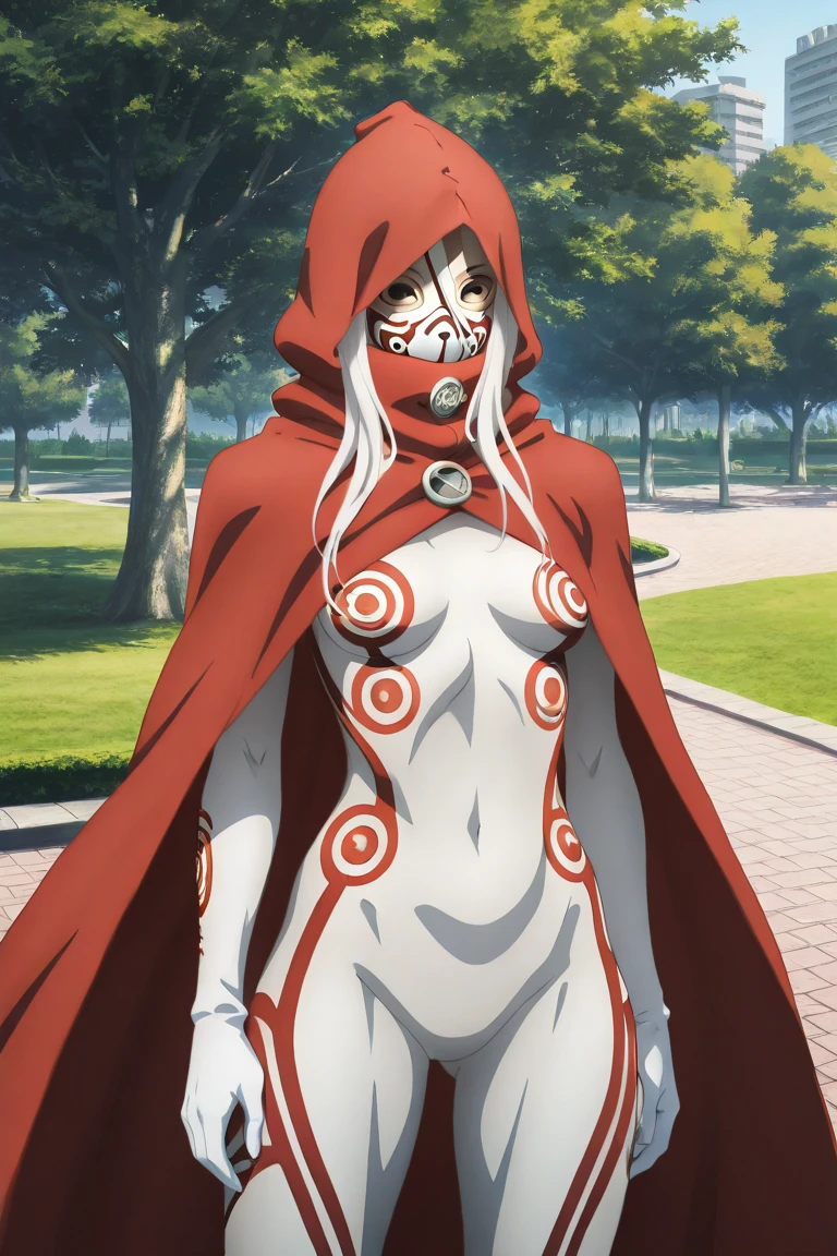 shiro /(deadman_wonderland/), cute, (standing:1.2), (white hair:1.2), (red eyes:1.3), crazy face, crazy eyes, pale skin,, cloak, boots, smile, walking village medieval europe, dress