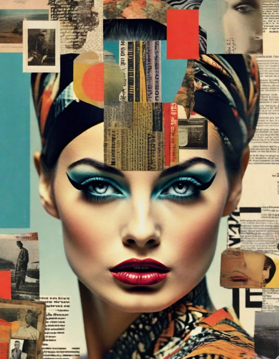 retro collage, vintage magazine clippings, subculture arthigh quality, detailed, intricate retro collage,vintage magazine clippings,subculture art,surreal composition,complex layering,vibrant colors,grunge textures,worn edges,overlapping elements,analog aesthetic,photomontage,mixed media,bold typography,experimental layout,avant-garde design,4k,8k,highres,photorealistic,masterpiece