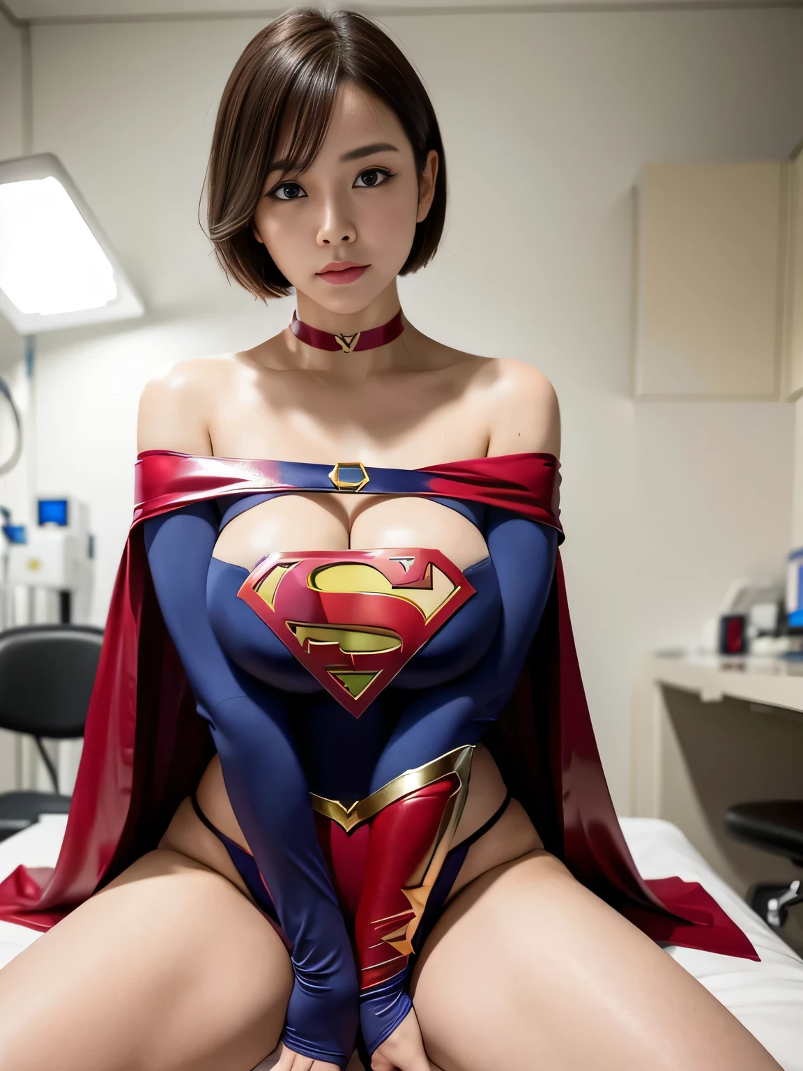 masterpiece,Supergirl Costume, short-hair, bare-legged, large full breasts,surgery room、Operating table、straddle、depraved、shiny、Looking at the camera、seduces