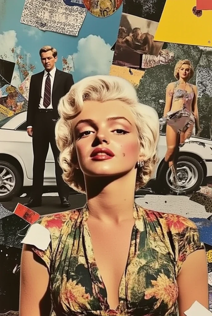 collage art, j.f. kennedy, cia agents, bullets, car crash scene, patches, america in the 1960s, detailed portrait of j.f. kennedy, secret service agents in tactical gear, gunshot wounds, wrecked vintage car, collage of american patriotic symbols, moody lighting, cinematic, dark atmosphere, hyperrealistic, sharp focus, 8k, masterpiece, professional digital art, dramatic chiaroscuro, muted color palette, gritty, high contrast, dramatic, intense