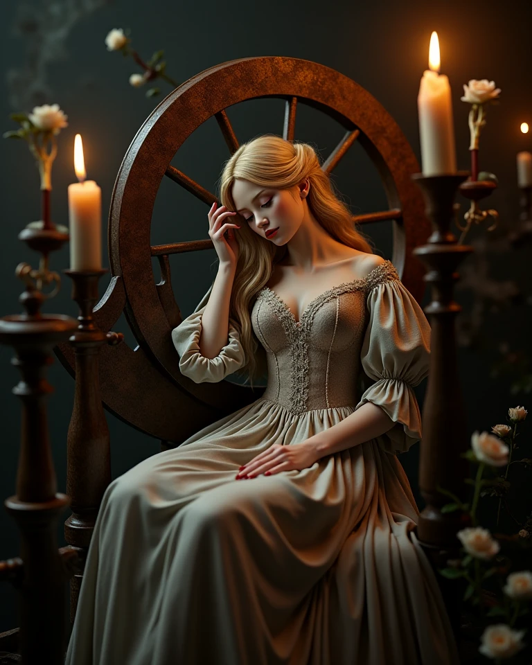 sleeping beauty, grimm fairy tale style, woman in long dress, sleeping on spinning wheel, with spindle detailed  features, peaceful expression, porcelain skin, long eyelashes, flowing blonde hair, detailed intricate dress, ornate spinning wheel, dark gothic interior, candlelight, moody dramatic lighting, chiaroscuro, muted earthy tones, photorealistic, 8K, high resolution, physically-based rendering,  white roses red lips gothic aesthetic  dark fairytale 