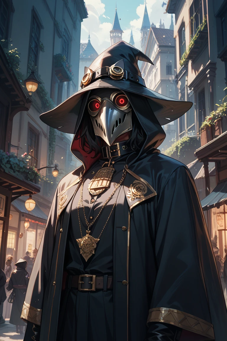 Plague doctor in magic black-blue robe の全体の姿