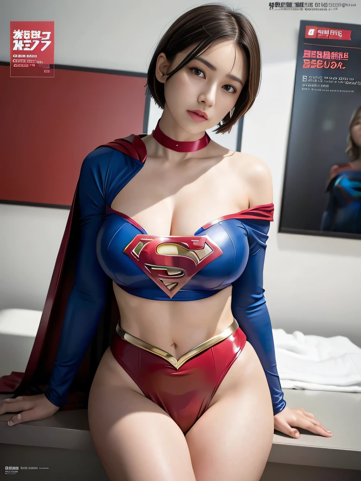 masterpiece、Rubber Supergirl Costume、Short Hair、Hospital operating table、Crisis situation、Big and ample breasts、looking at the camera、Shiny、Off the shoulder、choker、Long sleeve、exy poses to seduce、Sweaty skin、Model body type、Alluring、charm、Enchanting、Abused、test subject、victim、Wild、Photorealistic、latex、Expose your belly、athlete、High leg、Photo magazine cover、Cape、Beautiful thighs、wallpaper for pc、