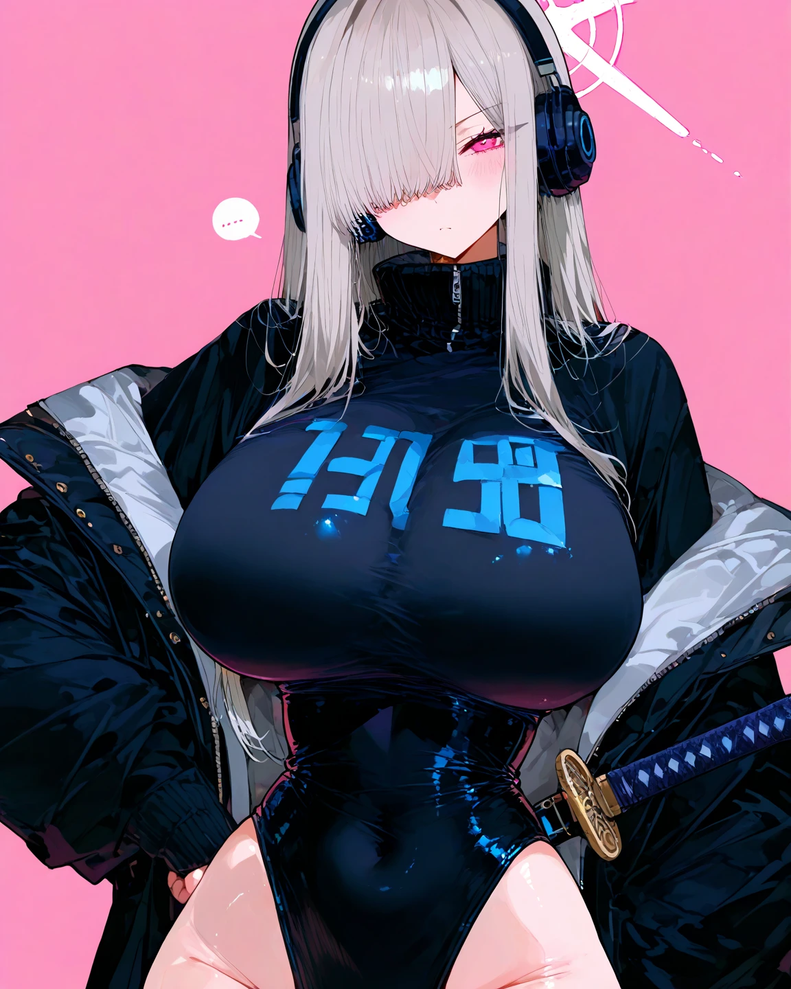 score_9, score_8_up, source_アニメ,blunt bangs,ponytail,Yellow Eyes,Gray Hair,Big Breasts,((1girl)),White background,areola,oiled skin,sharp eye,,stockings,High leg,latex,inner,tie,garter belt,High heels,Nipple Covers,Apron,Face Veil,The whole body is shown,Expressionless,Front opening