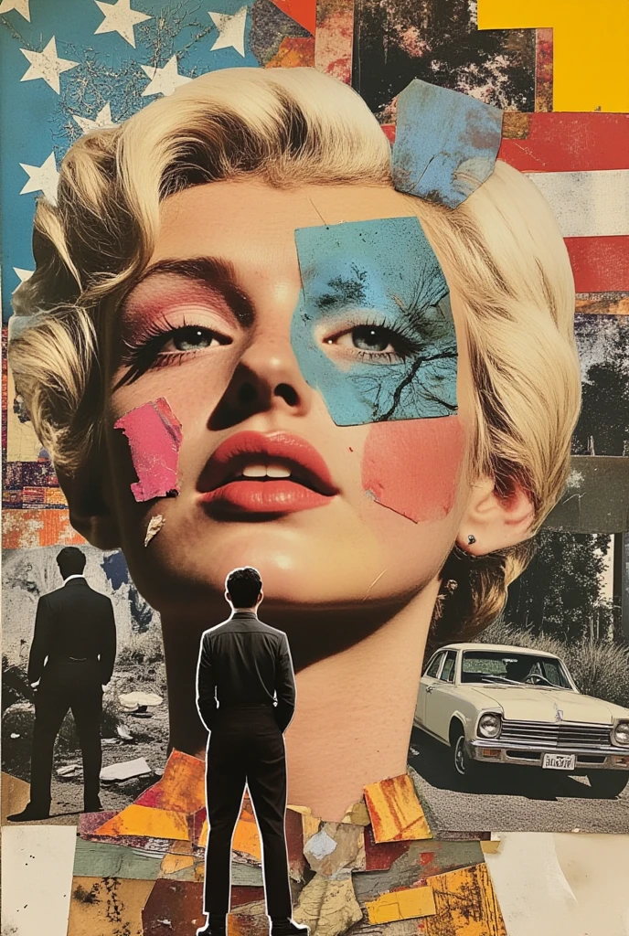 collage art, j.f. kennedy, cia agents, bullets, car crash scene, patches, america in the 1960s, detailed portrait of j.f. kennedy, secret service agents in tactical gear, gunshot wounds, wrecked vintage car, collage of american patriotic symbols, moody lighting, cinematic, dark atmosphere, hyperrealistic, sharp focus, 8k, masterpiece, professional digital art, dramatic chiaroscuro, muted color palette, gritty, high contrast, dramatic, intense