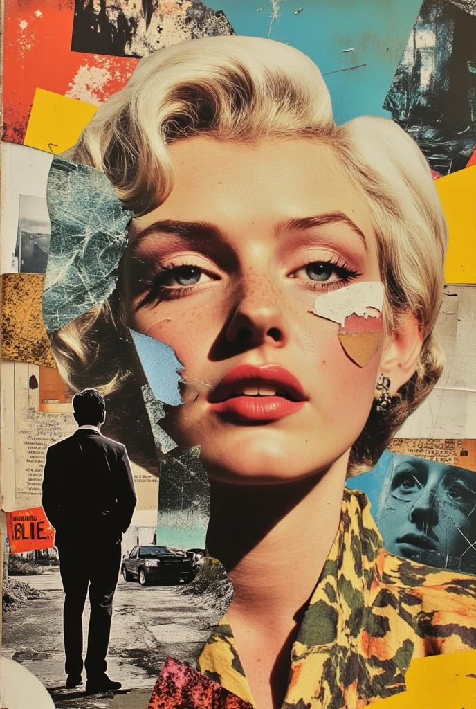 collage art, j.f. kennedy, cia agents, bullets, car crash scene, patches, america in the 1960s, detailed portrait of j.f. kennedy, secret service agents in tactical gear, gunshot wounds, wrecked vintage car, collage of american patriotic symbols, moody lighting, cinematic, dark atmosphere, hyperrealistic, sharp focus, 8k, masterpiece, professional digital art, dramatic chiaroscuro, muted color palette, gritty, high contrast, dramatic, intense