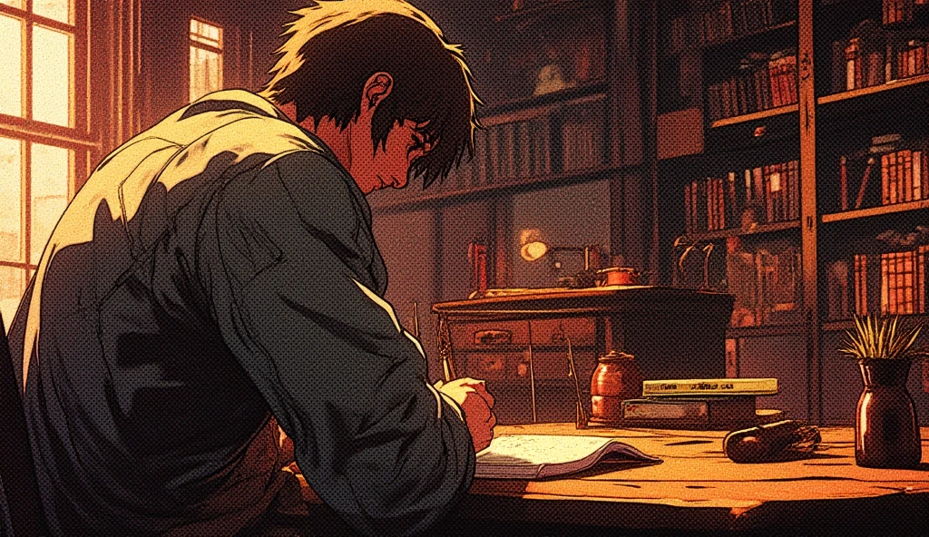 A young man in modern clothing with messy hair is sitting at a wooden table in a room full of old wooden furniture and bookshelves, writing something in a notebook. The scene is captured  the character, in close-up over his shoulder, with the notebook visible in focus. The environment is dimly lit, with cinematic lighting in warm tones and a relaxed atmospheric room setting. HDR, intricate details, concept art style