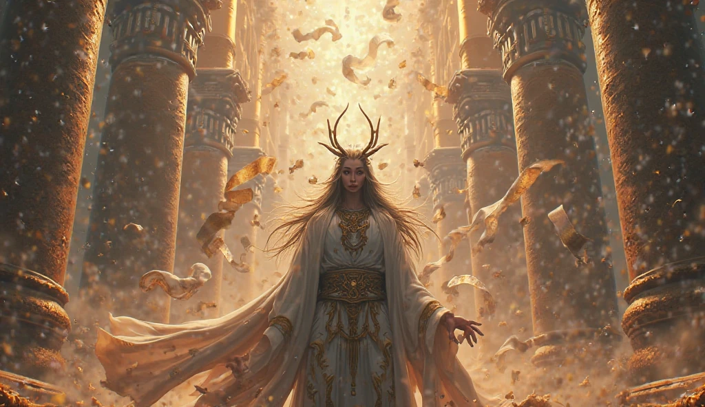 Kaio Shin in panic, cosmic winds shaking sacred towers, divine scrolls unraveling mid-air, wide angle shot, intense ambient lighting, 4K cinematic quality