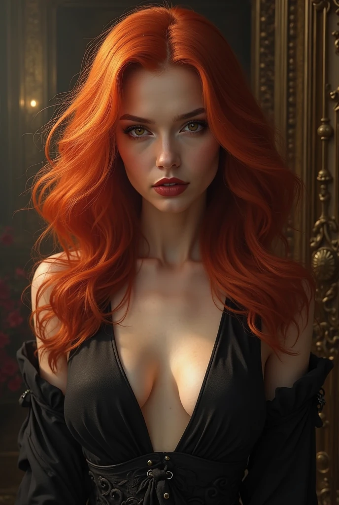 Create a red-haired woman with a large neckline 