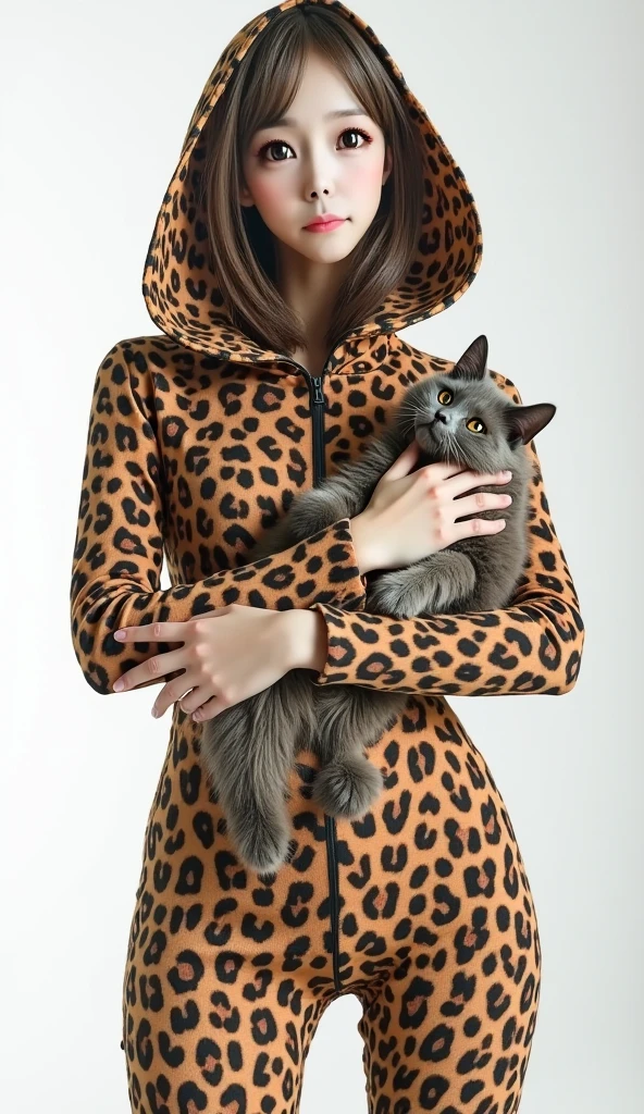 The most beautiful,thin,most pretty and clever Asian muslimah adult girl wears white leopard print lycra turtleneck unitard catsuit.She always wear white leopard print lycra dancewear stretchy square hijab.She stands and hugs a cute little cat.