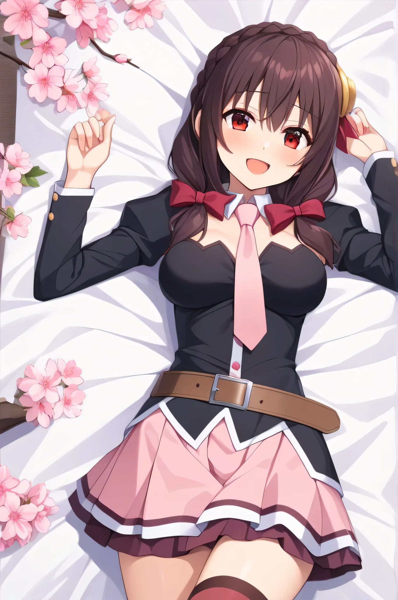 alone, One girl, Yunyun, (A shy smile:1.6)、(blush:1.5)、 View your viewers, Crown braids of the same color as your hair, Red Eyes、hair ornaments, Hair Ribbon, Pink tie, Long sleeve, Cleavage, bed、(Spread your legs)、Pink crotch wet panties、Pin your toes