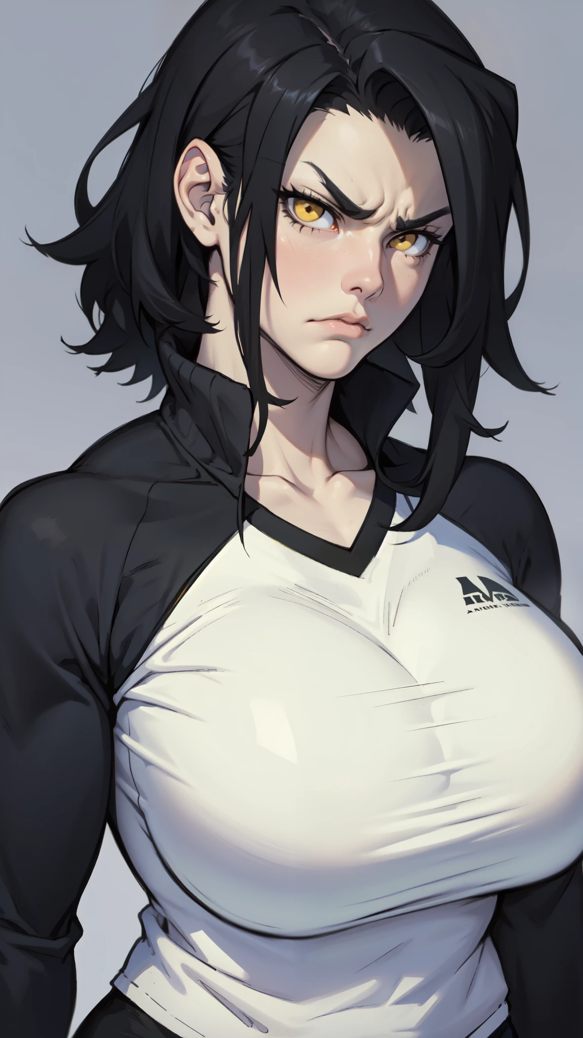 sad girl muscular muscular muscular breasts breasts breasts thick thick thick thick black hair yellow eyes pale skin pale skin thick thick thick long sleeve dark atmosphere thick thick thick thick thick thick muscular simple background sad sad sad girl sad girl tigth shirt