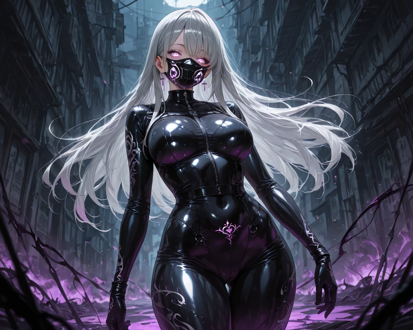 ((masterpiece, best quality, extremely detailed CG, unity 8k wallpaper,anatomically correct,ultra resolution)),Award-winning photography,(best illumination,Very Delicate and Beautiful),(one girl,solo,li:1.5),(Vampire:1.45),silver hair,(twintails:1.2),glowing red eyes,(pale skin:1.45),(extremely beautiful and detailed face:1.2), (extremely beautiful and detailed eyes:1.2),perfect hands,delicate legs,((bat hair ornament)),(graceful,fashion),pointy ears,((full body catsuit with zipper:1.4,black high heel boots,black leather gloves,latex mouth mask)),looking at viewer,hand to own mouth,head tilt,morbid smile,dark persona,evil,(cute:1.5),((night, dark atmosphere, dark theme, darkness:1.5)),dramatic shadows,(dimly lit:1.5),blood on face,blood on floor, blood on walls,(blood mist,blood splash:1.4),depth of field,(Bustling city:1.2,in the rain:1.3),cloudy sky,raining,skyline,(perfect human body structure with maximum precision)