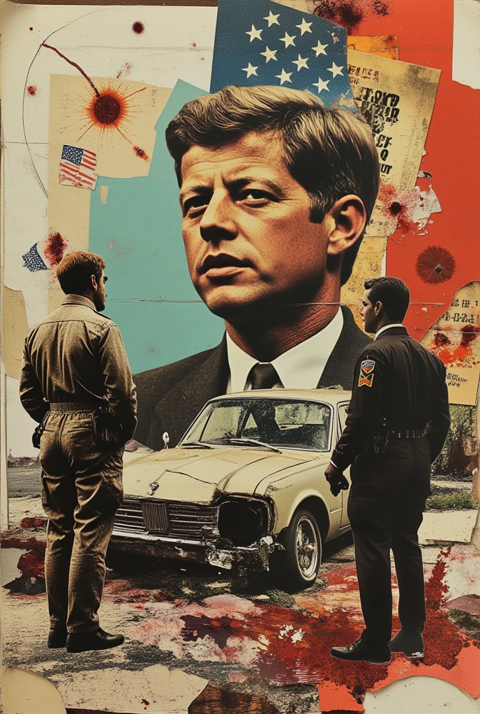 collage art, j.f. kennedy, cia agents, bullets, car crash scene, patches, america in the 1960s, detailed portrait of j.f. kennedy, secret service agents in tactical gear, gunshot wounds, wrecked vintage car, collage of american patriotic symbols, moody lighting, cinematic, dark atmosphere, hyperrealistic, sharp focus, 8k, masterpiece, professional digital art, dramatic chiaroscuro, muted color palette, gritty, high contrast, dramatic, intense