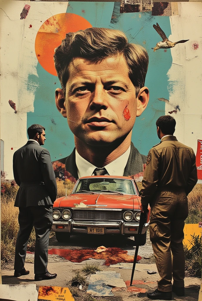 collage art, j.f. kennedy, cia agents, bullets, car crash scene, patches, america in the 1960s, detailed portrait of j.f. kennedy, secret service agents in tactical gear, gunshot wounds, wrecked vintage car, collage of american patriotic symbols, moody lighting, cinematic, dark atmosphere, hyperrealistic, sharp focus, 8k, masterpiece, professional digital art, dramatic chiaroscuro, muted color palette, gritty, high contrast, dramatic, intense