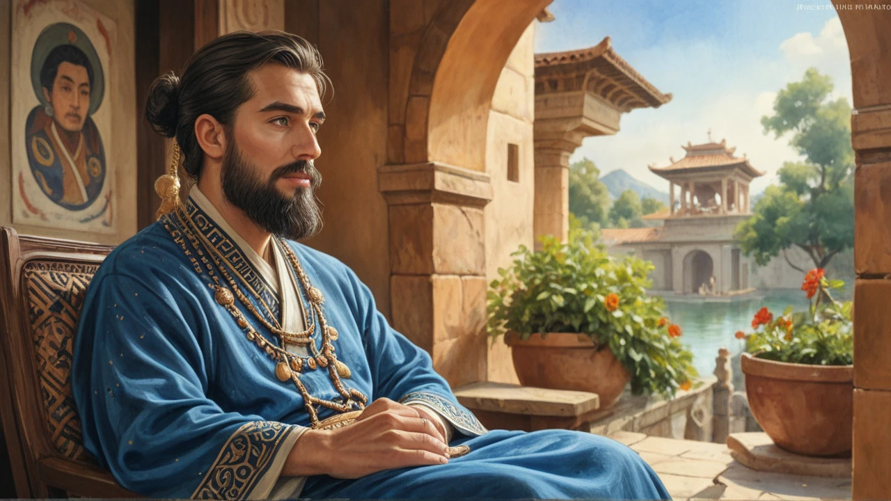 An ancient Eastern philosopher with narrow, thoughtful eyes gazing to the side, long black beard, wearing blue Hanfu robes, calm facial expression, wise and dignified, watercolor painting style, light brown parchment-like background.